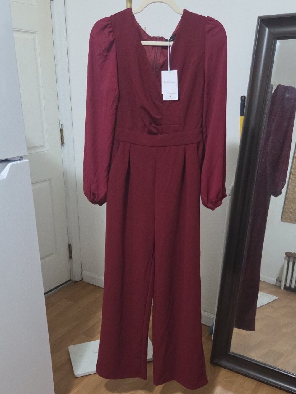 Women's Burgundy Long Sleeve Jumpsuit - Picture 2 of 6